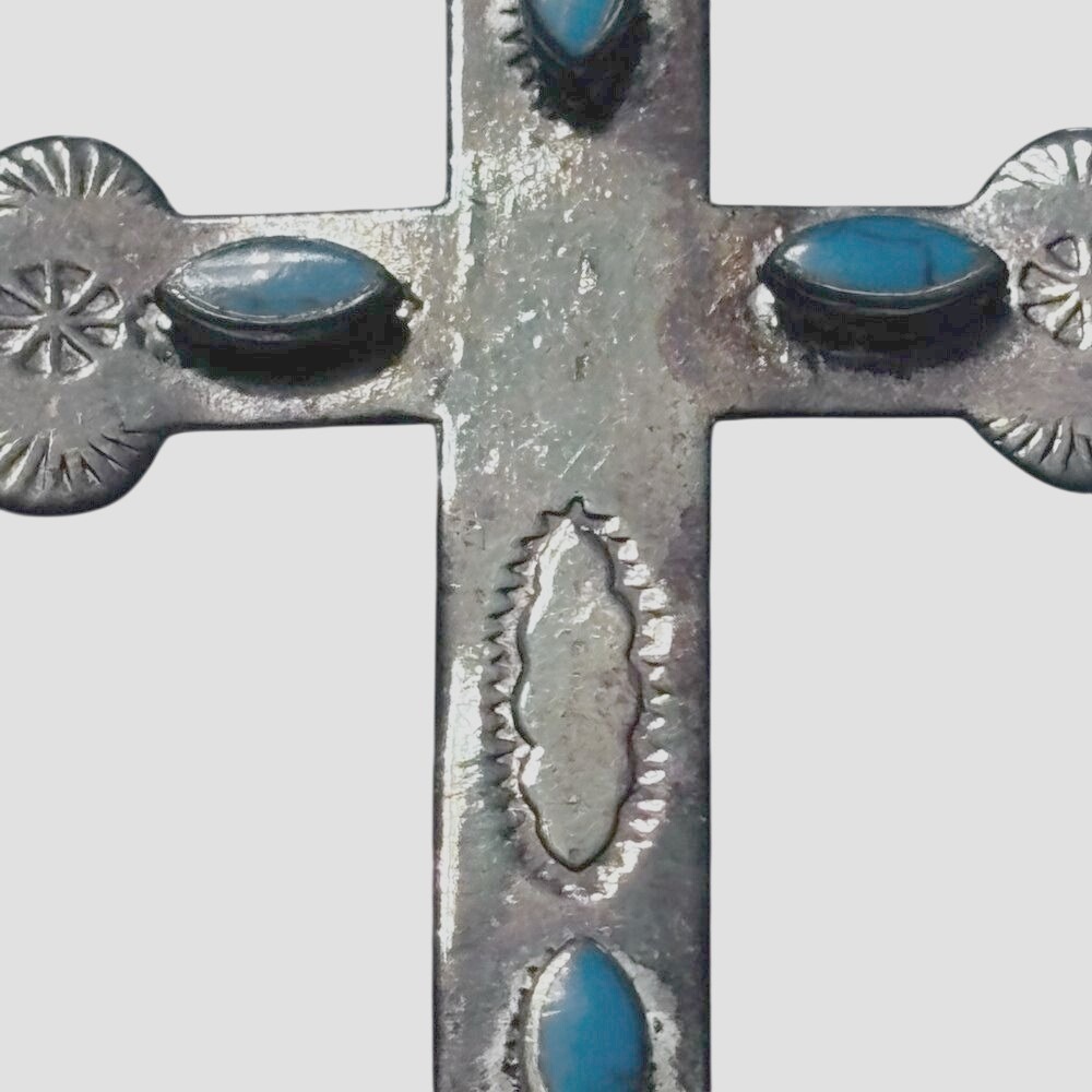 Sterling Silver 925 Turquoise Southwestern Cross Pendant Stamped Sunburst Boho